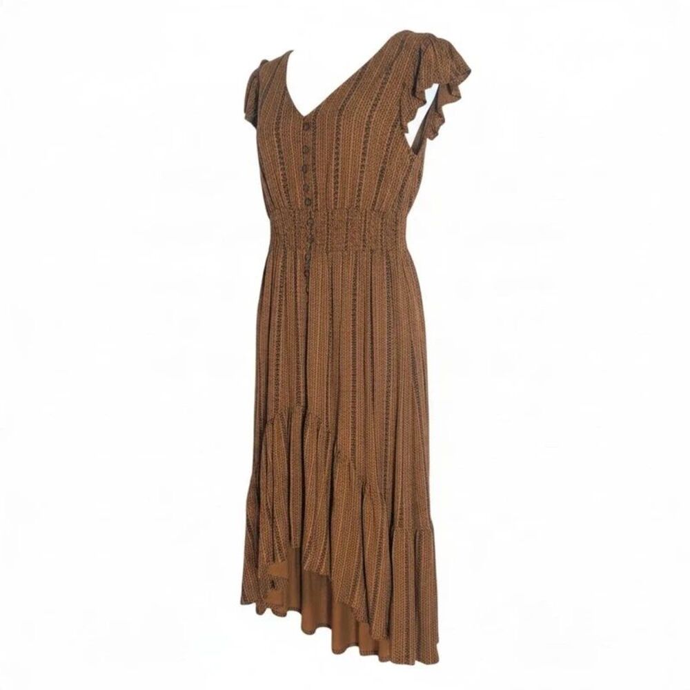 Women's Brown Boho Dress Sz L Flutter Sleeve High Low Hem Smocked Cottage Cor